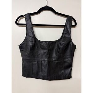 Lulus Black Vegan Leather Corset Crop Top Square Neck Side Zip Size Medium